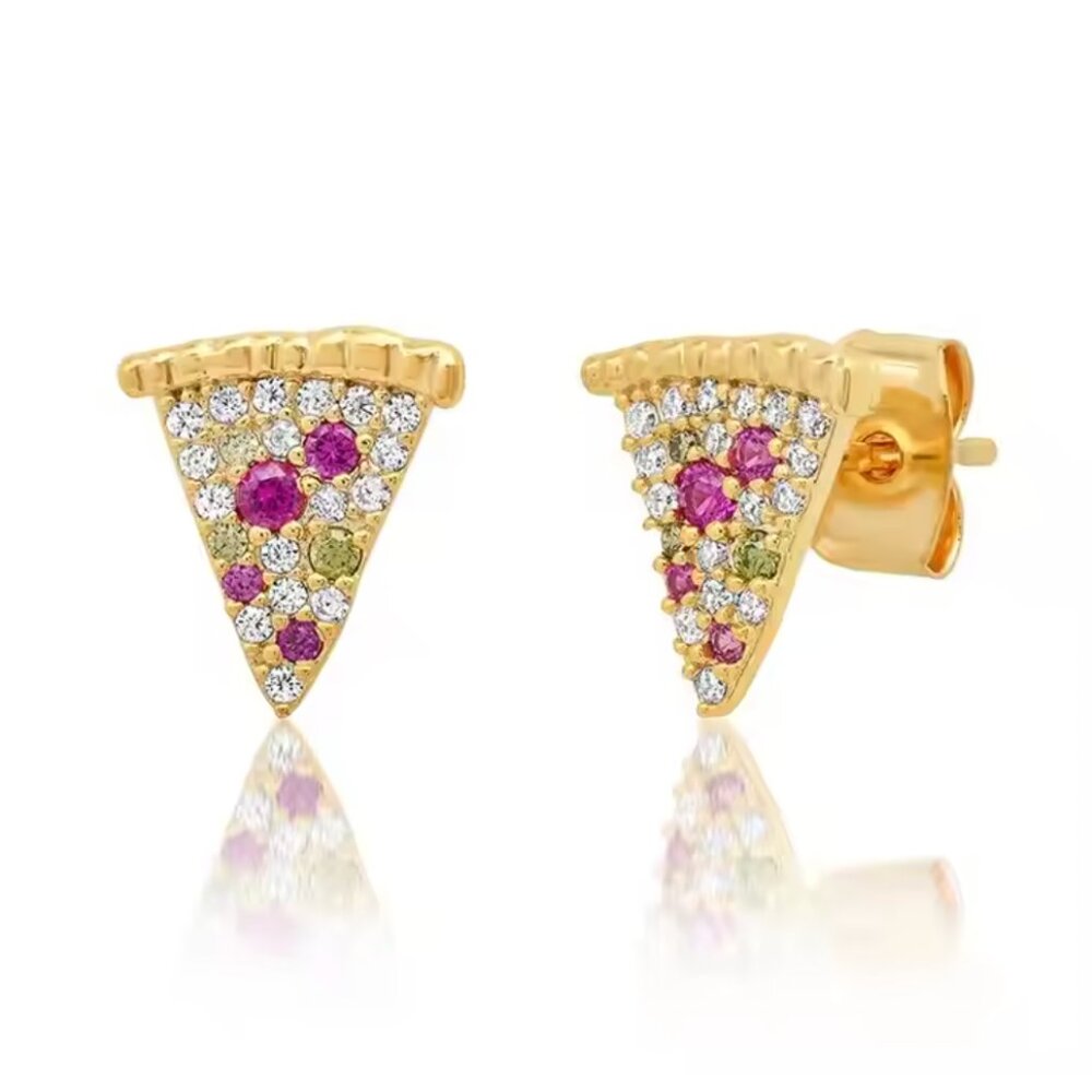 Sparkling Pizza Slice Earrings - Fun Gold Studs with Colorful Stones
